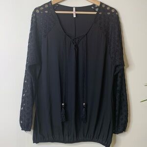 Tua Tua Black Sheer Long Sleeve Tassel Tie Boho Top 1X